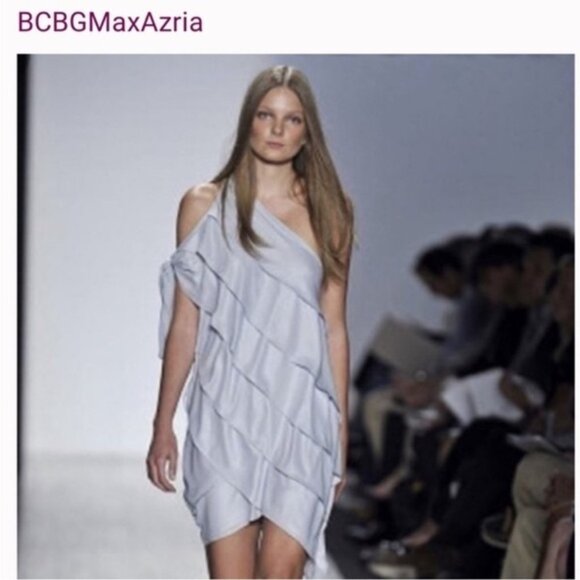 BCBG Women's Mini Dress Tiered Layered Ruffle One Shoulder Tie Sleeve Pale blue - Picture 6 of 16